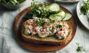 Pyszna pasta z wędzonego pstrąga na kromce chleba z ogórkiem i ziołami. Idealna na szybkie śniadanie lub przekąskę.