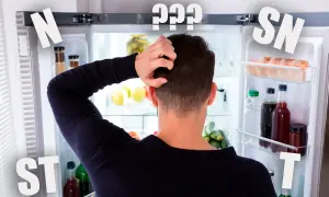 Mężczyzna drapie się po głowie przed otwartą lodówką, zastanawiając się nad wyborem. Litery N, ST, SN, T i ??? sugerują rozważanie różnych opcji, być może związanych z klasą klimatyczną lodówki.