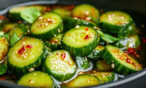 Chrupiące, pokrojone w plastry małe ogórki z chili, posypane sezamem, pływające w aromatycznym sosie.