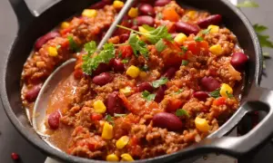 Gęste, aromatyczne chili con carne z fasolą i kukurydzą, podane w żeliwnej patelni, ozdobione natką pietruszki.