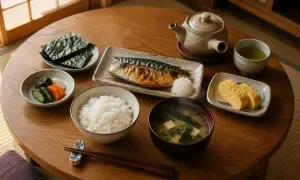 Tradycyjne japońskie dania obiadowe: ryż, grillowana makrela, zupa miso, tamagoyaki, nori i pikle.