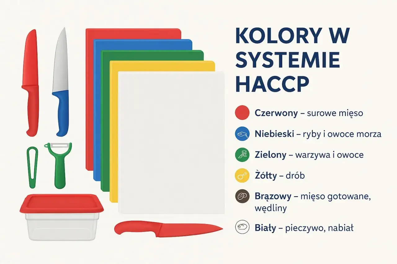 Kolory desek HACCP: czerwona (mięso surowe), niebieska (ryby), zielona (warzywa), żółta (drób), brązowa (mięso gotowane), biała (pieczywo). To jest gmp co to.