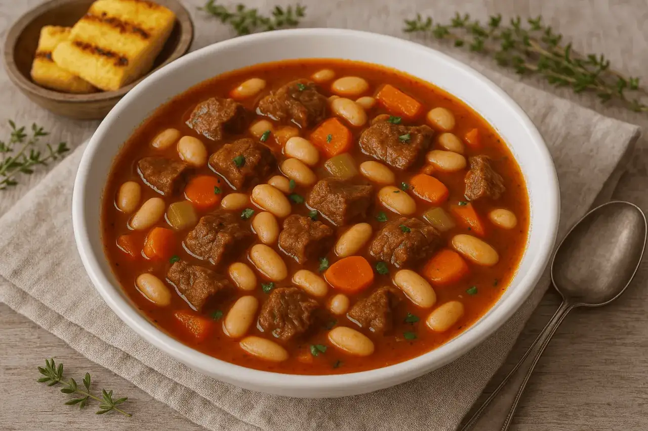 Gęste chili con carne z kawałkami wołowiny, białej fasoli i marchewki w sosie pomidorowym, podane z grillowaną polentą.